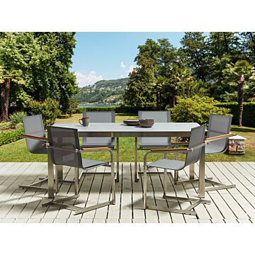 Garden Table Grey Tempered Glass Table Top Stainless Steel Frame Rectangular 180 X 90 Cm 6 Seater Beliani