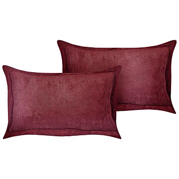 Set Of 2 Burgundy Decorative Pillows Corduroy 47 X 27 Cm Modern Traditional Living Room Bedroom Cushions Beliani