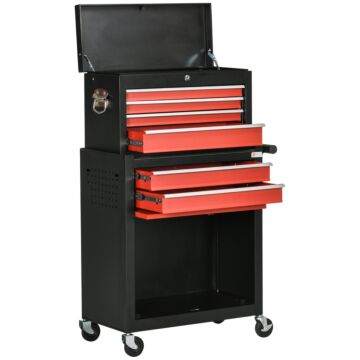 Durhand Tool Cabinet Cart, Workshop Trolley On Wheels, 6 Drawer With Ball Bearing Slides, Lockable Roll Cab, Black And Red