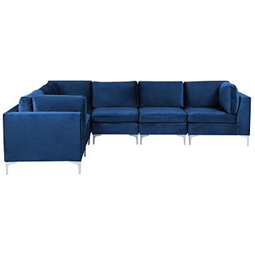 Right Hand Modular Corner Sofa Blue Velvet 6 Seater L-shaped Silver Metal Legs Glamour Style Beliani