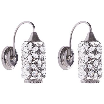 Set Of 2 Wall Lamps Silver Metal Sconce Flowers Crystals Beliani