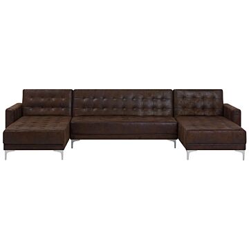 Corner Sofa Bed Brown Faux Leather Tufted Modern U-shaped Modular 5 Seater With Chaise Lounges Beliani