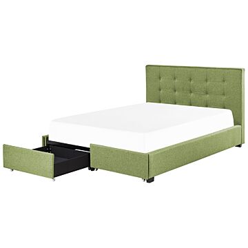 Eu Double Size Bed Green Fabric 5ft3 Upholstered Frame Buttoned Headrest With Storage Drawers Beliani