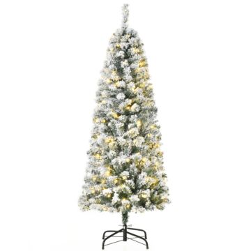 Homcom 5 Feet Pre Lit Christmas Tree Artificial Snow Flocked Christmas Tree With Warm White Led Light, Holiday Home Xmas Decoration, Green White