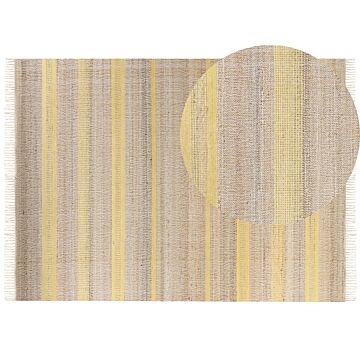 Area Rug Beige And Yellow Jute 160 X 230 Cm Rectangular With Tassels Striped Pattern Handwoven Boho Style Hallway Beliani