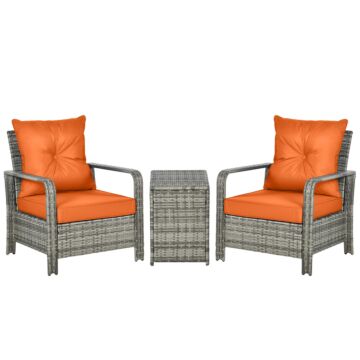 Outsunny 3 Pcs Pe Rattan Wicker Garden Furniture Patio Bistro Set Weave Conservatory Sofa Storage Table And Chairs Set Orange Cushion, Mixed Grey