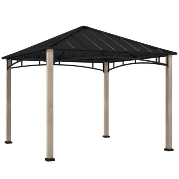 Outsunny 3 X 3(m) Hardtop Gazebo Canopy With Galvanised Metal Roof, Garden Gazebo Permanent Pavilion With Wood Grain Strong Columns And Top Hook For Patio, Deck
