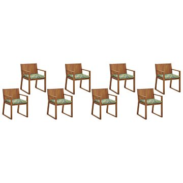 Set Of 8 Garden Chairs Light Acacia Wood 80 X 59 Cm With Leaf Pattern Green Cushions