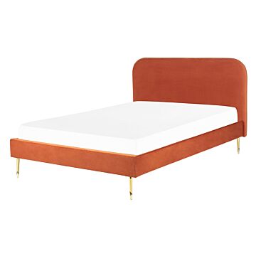 Bed Orange Velvet Upholstery Eu Double Size Golden Legs Headboard Slatted Frame 4.6 Ft Minimalist Design Beliani