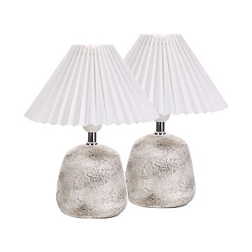 Set Of 2 Table Lamps White And Grey Ceramic Base Pleated Synthetic Shade Bedside Table Night Light Beliani