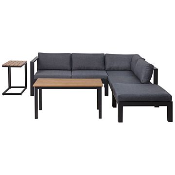 Garden Corner Sofa Set Black Aluminium Frame With Grey Cushions 5 Seater Coffee Table And Side Table Beliani