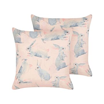 Set Of 2 Scatter Cushions Grey Cotton And Polyester Fabric 45 X 45 Cm Rabbit Motif Removable Covers Living Room Bedroom Beliani