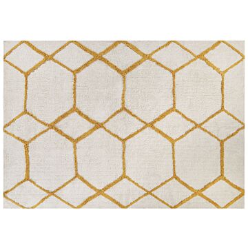 Area Rug White And Yellow Cotton 160 X 230 Cm Geometric Pattern Rectangular Hand Woven Modern Design Beliani