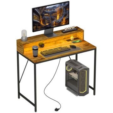 Homcom Computer Desk With Led Lights And Power Outlets, Gaming Desk With Monitor Stand, Computer Table With Remote For Home Office Study, Rustic Brown