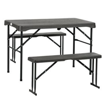 Outsunny Folding Picnic Table With 2 Benches, 3-piece Portable Garden Furniture Set For 4, Dining Table Set With Plastic Top, Steel Frame, Dark Grey