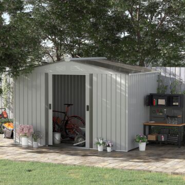 Outsunny 9 X 6ft Garden Storage Shed, Metal Outdoor Storage Shed House With Floor Foundation, Ventilation & Doors, Grey