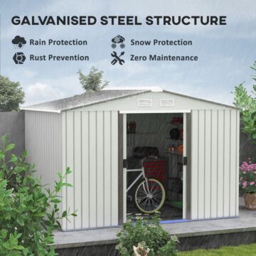 Outsunny 9 X 6ft Garden Storage Shed, Metal Outdoor Storage Shed House With Floor Foundation, Ventilation & Doors, Grey