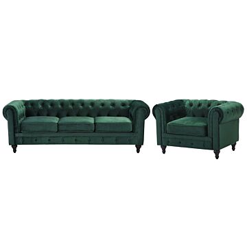 Chesterfield Living Room Set Green Velvet Fabric Upholstery Dark Wood Legs 3 Seater Sofa + Armchair Contemporary Beliani