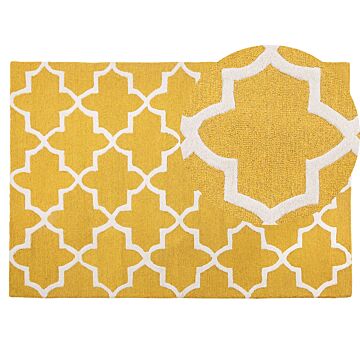 Area Rug Yellow Wool 140 X 200 Cm Trellis Quatrefoil Pattern Hand Tufted Oriental Moroccan Clover Beliani