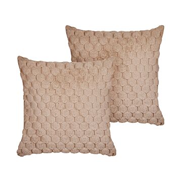 Set Of 2 Scatter Cushions Sand Beige Faux Fur 43 X 43 Cm Fluffy Throw Pillow Honeycomb Geometric Pattern Removable Cover With Filling Beliani