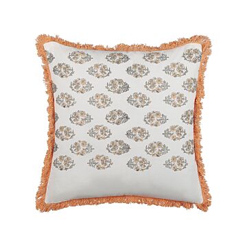 Scatter Cushion White And Orange Cotton 45 X 45 Cm Floral Pattern Tassels Handmade Removable Cover With Filling Boho Style Beliani