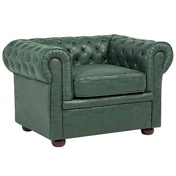 Chesterfield Armchair Green Faux Leather Upholstery Dark Wood Legs Contemporary Beliani