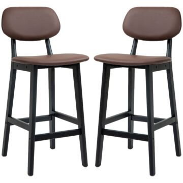 Homcom Bar Stools Set Of 2, Modern Breakfast Bar Chairs, Faux Leather Upholstered Kitchen Stools With Backs And Wood Legs, Brown