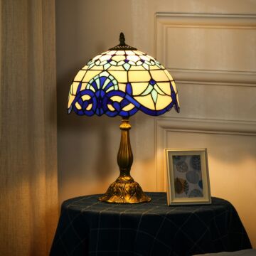 Homcom Stained Glass Table Lamp, Handmade Antique Bedside Lamp, Home, Nightstand, Decorative Night Light, Blue