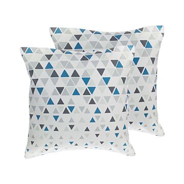 Set Of 2 Decorative Cushions Grey And Blue Triangle Pattern 45 X 45 Cm Geometric Print Modern Beliani