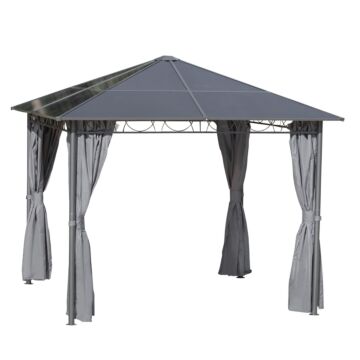 Outsunny 3 X 3(m) Hardtop Gazebo With Uv Resistant Polycarbonate Roof, Steel & Aluminum Frame, Garden Pavilion With Curtains, Grey