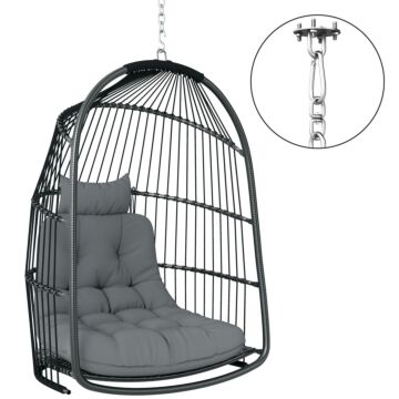 Outsunny Hanging Egg Chair Outdoor Indoor Rattan Swing Chair With Installation Kit, Foldable Garden Hanging Seat With Thickened Cushion, Headrest, Dark Grey