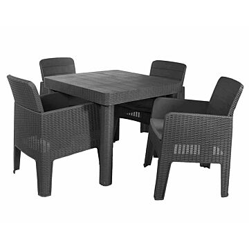 Faro Black 5 Pcs Square Dining Set - Table 90 X 90cm With 4 Stackable Chairs Inc. Seat Cushions
