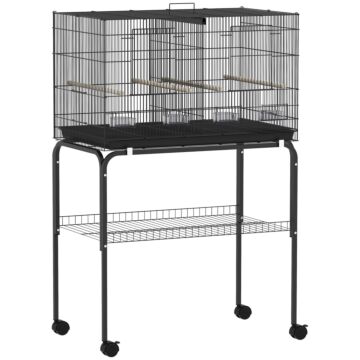 Pawhut Bird Cage With Divider, 4 Wooden Perches, Slide Out Tray, 4 Feeders, For Budgie, Lovebird, Canary, 76 X 46 X 116cm Black