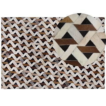Area Rug Carpet Brown And Grey Leather Geometric Pattern 160 X 230 Cm Rustic Boho Beliani