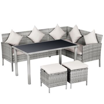 Outsunny 6-seater Garden Outdoor Patio Rattan Corner Dining Set Wicker Sofa, Foot Stool, Dining Table With White Cushions, Mixed Grey