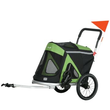 Pawhut 2 In 1 Aluminium Foldable Dog Bike Trailer, Pet Stroller, For Medium Dogs - Green