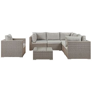Garden Lounge Set Taupe Pe Rattan Corner Sofa Armchair Coffee Table Grey Cushions Beliani