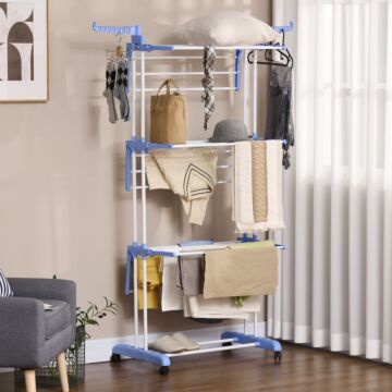 Homcom Foldable Clothes Drying Rack, 4-tier Steel Garment Laundry Rack With Castors, Blue