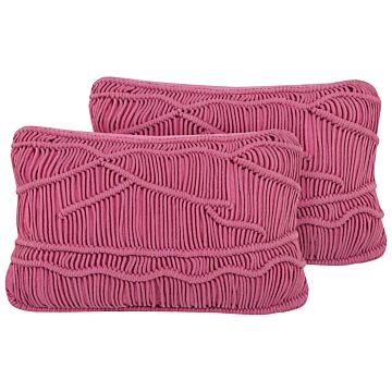 Decorative Cushions Set Of 2 Pink Cotton Macramé 30 X 50 Cm Rope Boho Retro Decor Accessories Beliani