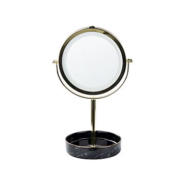 Makeup Mirror Gold And Black Iron Metal Frame Ceramic Base Ø 26 Cm With Led Light 1x/5x Magnification Double Sided Beliani