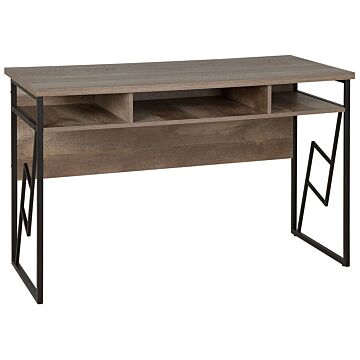 Home Office Desk Dark Wood Top Black Metal Frame 120 X 60 Cm Storage Shelf Modern Industrial Design Beliani