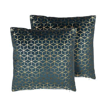 Set Of 2 Decorative Cushions Blue Velvet Cube Pattern 45 X 45 Cm Geometric Foil Print Modern Glamour Decor Accessories Beliani