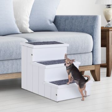 Pawhut 3 Step Wooden Carpeted Pet Stairs Ramp For Cats And Small Dogs With Non-slip Carpet & Small Footprint, White