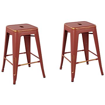 Set Of 2 Bar Stools Red With Gold Steell 60 Cm Stackable Counter Height Industrial Beliani