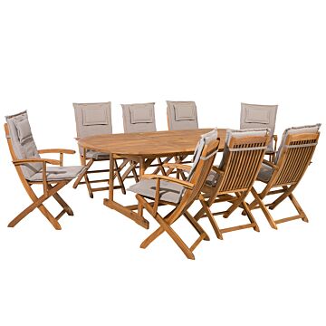 Outdoor Dining Set Light Acacia Wood With Taupe Cushions 8 Seater Table Folding Chairs Rustic Design Beliani