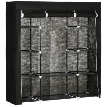 Homcom Fabric Wardrobe, Portable Wardrobe With 10 Shelves, 1 Hanging Rail, Foldable Closets, 150 X 43 X 162.5 Cm, Black