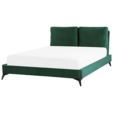 Eu Double Size Bed Green Velvet Upholstery 4ft6 Slatted Base With Thick Padded Headboard With Cushions Beliani