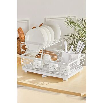 2-tier Metal Dish Drainer Rack Plate Draining Tray Board With Kitchen Utensil Holder