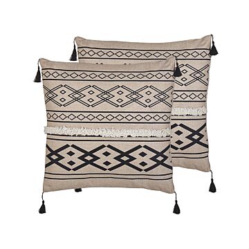 Set Of 2 Cushions Beige And Black Polyester Cover 45 X 45 Cm Decorative Pillows Geometric Pattern Beliani