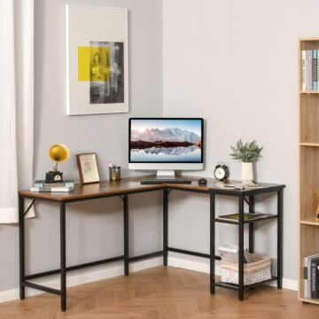 Homcom L-shaped Computer Desk Industrial Cornor Writing Desk With Adjustable Storage Shelf Space-saving Home Office Workstation Rustic Brown